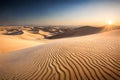 A vast, arid desert with a network of intricate sand dunes, shaped by the wind