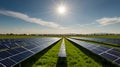 A vast array of solar panels spread across a vibrant green field under a clear, bright sky
