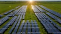 A vast array of solar panels spread across a vibrant green field under a clear, bright sky