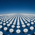A vast array of white satellite dishes is arranged in neat rows, stretching toward