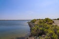 Vast blue rippling ocean water surrounded by lush green plants and grass with a gorgeous clear blue sky