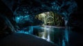 Glowing cave tunnel with luminescent blue lights, clear water, and lush jungle beyond Royalty Free Stock Photo