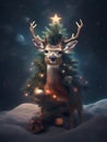 A deer in space with a Christmas tree