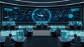 Panoramic view of a futuristic command center with multiple screens displaying star charts and data, people working at consoles Royalty Free Stock Photo
