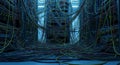 Chaotic server room data center with tangled colorful cables connecting multiple rows of network equipment and hardware racks Royalty Free Stock Photo