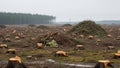 Vast deforested landscape with tree stumps and branches, evidence of extensive logging activity under overcast sky Royalty Free Stock Photo