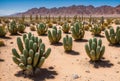 A vast desert expanse with parched cracked ground, where sturdy cacti thrive amidst the unforgiving heat of the sun