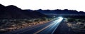 vast desert highway. transparent PNG background. car light trails on a New Mexico desert highway at night. city lights. Royalty Free Stock Photo