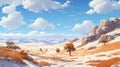 Vast Desert Landscape With Snow Flurries - Studio Ghibli Style Royalty Free Stock Photo