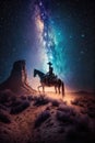 Western cowboy riding his horse at night under the milky way galaxy in the desert