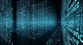 Vast digital data stream forming an immersive, glowing matrix tunnel effect environment Royalty Free Stock Photo