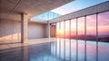 Vast empty modern concrete room with panoramic sunset view through floor-to-ceiling windows. Generative AI Royalty Free Stock Photo