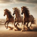 Three wild horses running through desert landscape Royalty Free Stock Photo