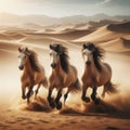 Three wild horses running through desert landscape