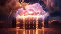 Secure cloud fortress emerges above turbulent storm. Lightning crackles as servers safeguard digital realm