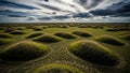 Vast expanse of a grassy field with numerous rounded mounds under a dramatic cloudy sky with sunlight breaking through the clouds Royalty Free Stock Photo