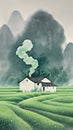 A vast expanse of green grass, a tiny traditional Chinese rural house