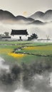A vast expanse of green grass, a tiny traditional Chinese rural house