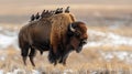 Starlings line up on the back of a bison in the Rocky Mountain Arsenal National Wildlife Refuge near Denver, Colorado, USA