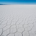 A vast expanse of a salt flat landscape under a clear blue sky. The ground is covered Royalty Free Stock Photo