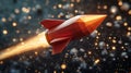 Through the vast expanse of space, a red rocket ship with a white nose cone is hurtling forward at tremendous speed, creating Royalty Free Stock Photo