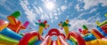 A vast, expansive inflatable playground landscape filled with an array of colorful, larger-than-life structures and