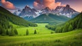 A vast grassland with a village in the middle of a high valley Royalty Free Stock Photo