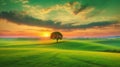 Vast green field at gorgeous sunset, a colorful panoramic landscape