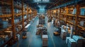 Vast industrial production warehouse. The scene includes towering shelves stocked with various supplies, and forklifts Royalty Free Stock Photo