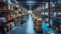 Vast industrial production warehouse. The scene includes towering shelves stocked with various supplies, and forklifts Royalty Free Stock Photo