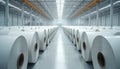 Vast industrial warehouse numerous large rolls of white paper. Clean, spacious facility suggests efficient storage, distribution Royalty Free Stock Photo
