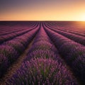 Vast lavender fields stretch into the horizon, capturing the golden hue of a setting sun. Royalty Free Stock Photo