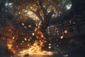 A vast library built inside an ancient tree, with magical books that float and glow