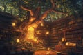 A vast library built inside an ancient tree, with magical books that float and glow