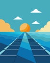 A vast ocean with a line of floating solar arrays stretching towards the horizon harnessing the power of the sun to