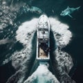 Great White shark swimming the ocean near boat