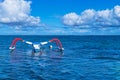 In the vast open sea, a small fishing boat sails with blue sky and white clouds Royalty Free Stock Photo