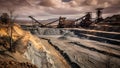 A vast openpit mine reveals layers of earth and industrial structures under a cloudy sky Royalty Free Stock Photo