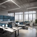 A vast, photorealistic workspace with multiple monitors displaying complex data visualizations, bathed in soft, nat Royalty Free Stock Photo
