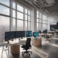 A vast, photorealistic workspace with multiple monitors displaying complex data visualizations, bathed in soft, nat Royalty Free Stock Photo