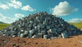 Vast pile of discarded televisions under blue sky signifies e-waste accumulation, environmental concerns. Old electronics create Royalty Free Stock Photo