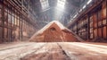 A vast pile of sand, a byproduct of potash fertilizers mining, fills a warehouse, symbolizing the hidden processes of mineral
