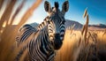 A solitary zebra with its striped coat gaze upon the camera in the vast savannah generative AI