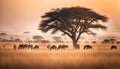 A vast savannah with grazing animals and acacia trees