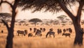 A vast savannah with grazing animals and acacia trees