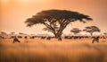 A vast savannah with grazing animals and acacia trees