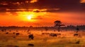 Vast Savannah With Wildlife Grazing Against A Golden Sunset. Generative AI