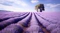 A vast and serene lavender field stretching out into the distance, a small house and a tree in the flower field, with a Royalty Free Stock Photo