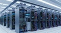 Vast server farm with rows of advanced computing racks and blinking lights Royalty Free Stock Photo