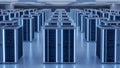 Vast Server Room Data Center with Rows of Computer Servers and Blue LED Lights Royalty Free Stock Photo